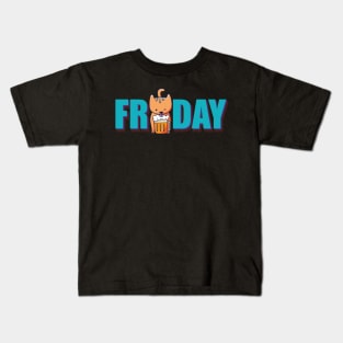 Funny Cat Drinking Beer on Friday Kids T-Shirt